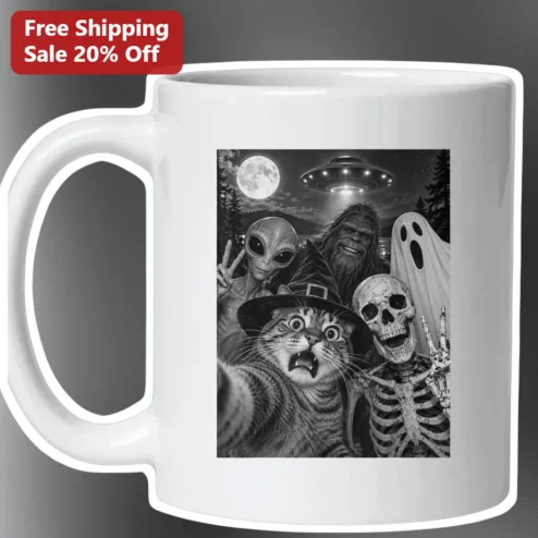 Spooky Alien Bigfoot Halloween Mug Cryptid Ghost Skeleton Witch Cat Coffee Cup Gift for Paranormal Fans