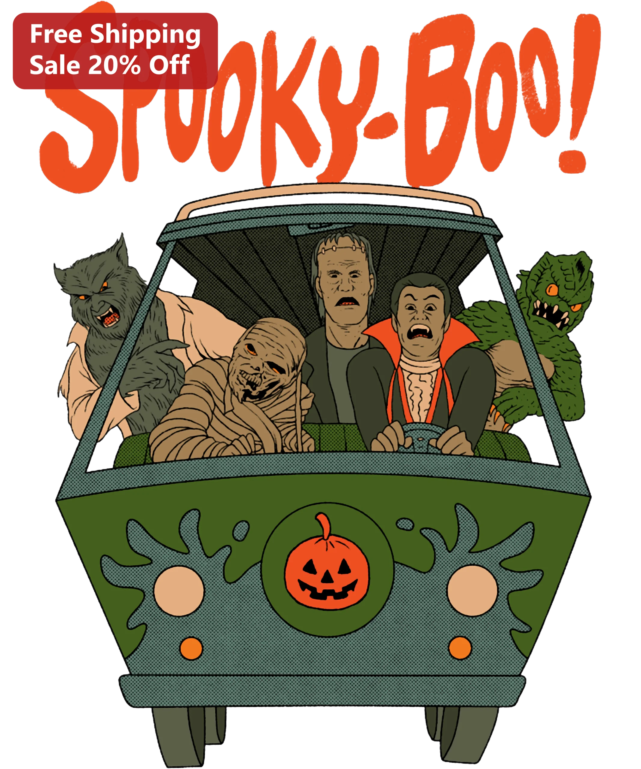 Spooky Boo Classic Monsters Road Trip Graphic Tee Halloween Vintage Horror Movie Shirt