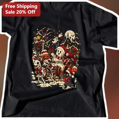 Spooky Christmas Ghost Sleigh Skeleton Dog Tee Halloween Xmas Creepmas Gift