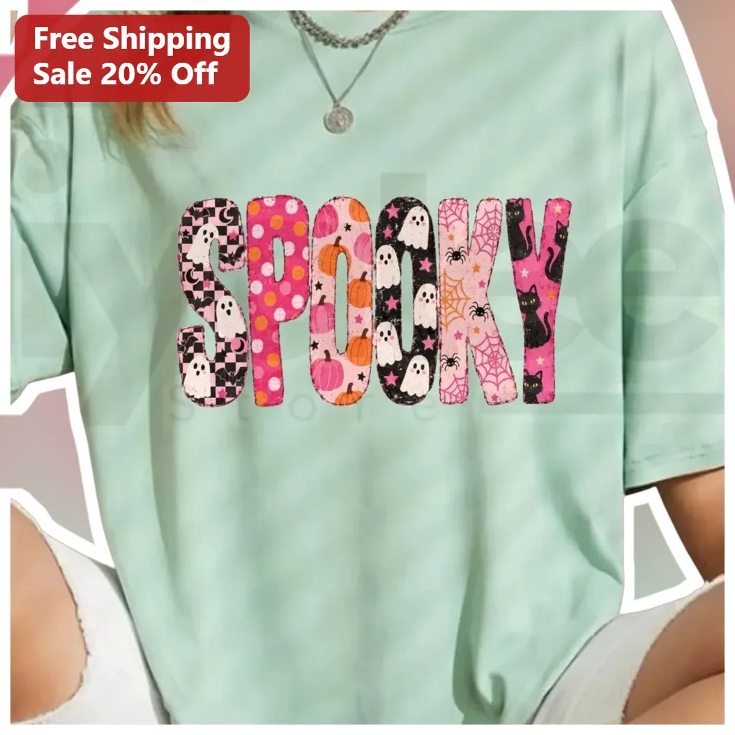 Spooky Halloween Ghost Pumpkin Cat Pattern Graphic Tee Cute Pastel Goth Shirt for Women Teens
