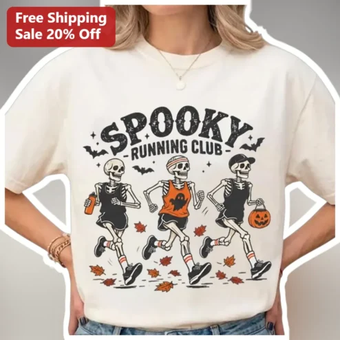 Spooky Running Club Tee Halloween Skeleton Runner Shirt Funny Autumn Marathon Gift for Women Men