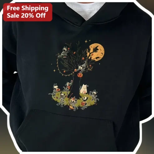 Spooky Skeleton Cats Halloween Tree Hoodie Cute Whimsical Cat Lover Gift Black Pullover Sweatshirt
