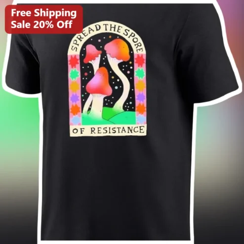 Spread The Spore Of Resistance Mushroom Graphic Tee Retro Psychedelic Fungi Shirt available at our Chicago, Illinois warehouse