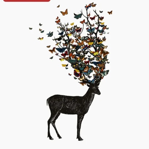 Stag with Butterfly Antlers Surreal Art Print, Whimsical Fantasy Deer Wall Decor for Nature Lovers on a hanger, ready to ship from Chicago, Illinois