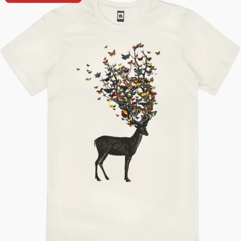 Customer in Chicago, Illinois wearing Stag with Butterfly Antlers Surreal Art Print, Whimsical Fantasy Deer Wall Decor for Nature Lovers