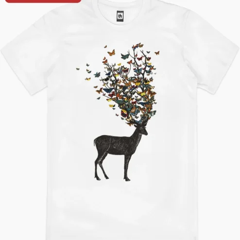Close-up of Stag with Butterfly Antlers Surreal Art Print, Whimsical Fantasy Deer Wall Decor for Nature Lovers for streetwear fans in Chicago, Illinois