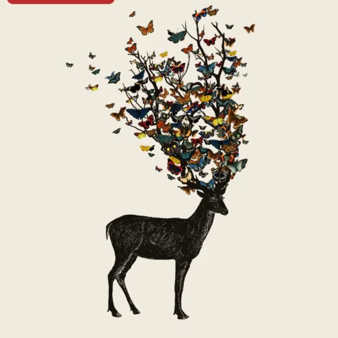 Stag with Butterfly Antlers Surreal Art Print, Whimsical Fantasy Deer Wall Decor for Nature Lovers