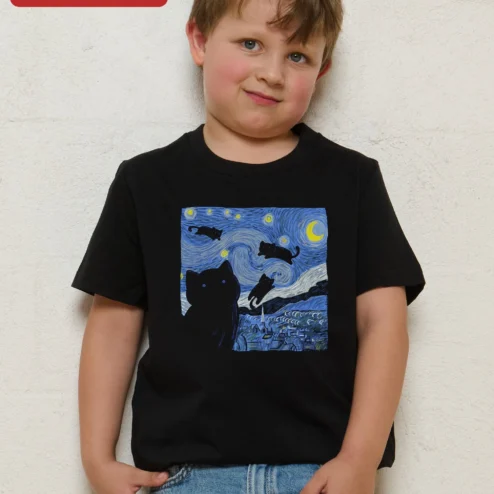 Starry Night Cats Art Kids Tee Van Gogh Inspired Black Cat Graphic T-Shirt for Children on a hanger, ready to ship from Chicago, Illinois