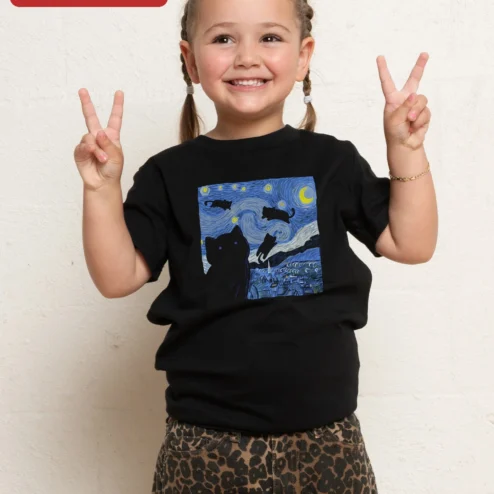 Starry Night Cats Art Kids Tee Van Gogh Inspired Black Cat Graphic T-Shirt for Children