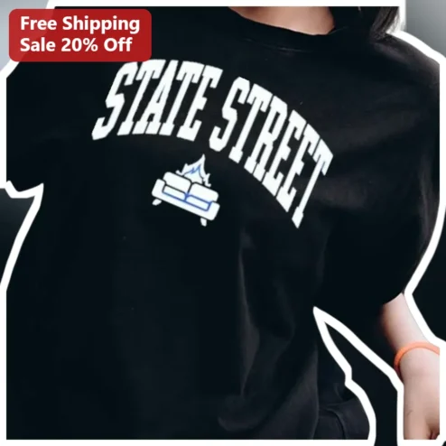 State Street Tee Funny Sofa Fire Graphic Black Cotton Shirt for College Students Alumni