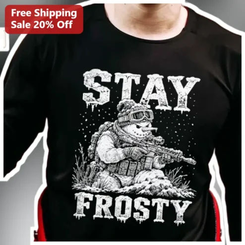 Stay Frosty Tactical Snowman Sniper Tee Funny Military Christmas Gift