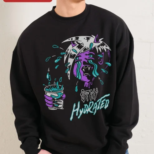 Stay Hydrated Funny Vampire Sweatshirt Spooky Cute Gothic Horror Crewneck Gift for Women Men on a hanger, ready to ship from Chicago, Illinois