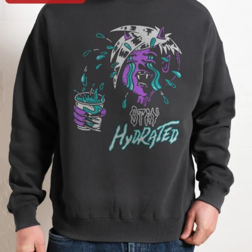Customer in Chicago, Illinois wearing Stay Hydrated Funny Vampire Sweatshirt Spooky Cute Gothic Horror Crewneck Gift for Women Men