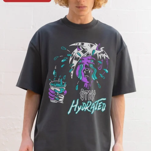 Stay Hydrated Vampire Gothic Graphic Tee Alternative Streetwear Shirt on a hanger, ready to ship from Chicago, Illinois