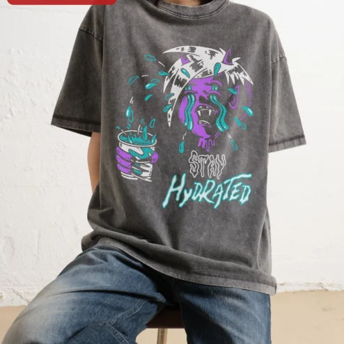 Stay Hydrated Vampire Graphic Tee Funny Gothic Emo Shirt for Teens Young Adults on a hanger, ready to ship from Chicago, Illinois