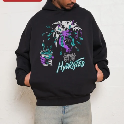 Stay Hydrated Vampire Hoodie Funny Gothic Horror Sweatshirt for Women Men on a hanger, ready to ship from Chicago, Illinois