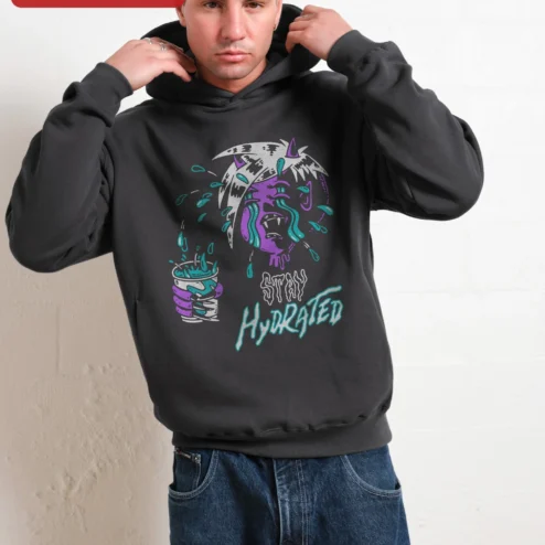 Customer in Chicago, Illinois wearing Stay Hydrated Vampire Hoodie Funny Gothic Horror Sweatshirt for Women Men