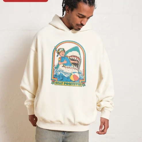 Stay Positive Hoodie Retro Scuba Diver Shark Graphic Pullover Funny Ocean Humor Gift on a hanger, ready to ship from Chicago, Illinois
