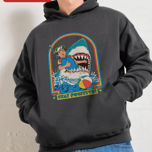 Customer in Chicago, Illinois wearing Stay Positive Hoodie Retro Scuba Diver Shark Graphic Pullover Funny Ocean Humor Gift