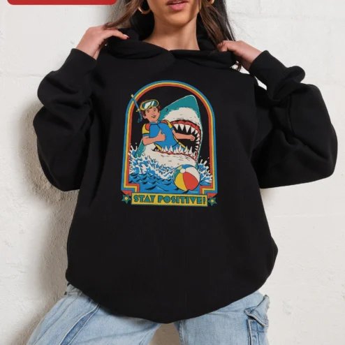 Stay Positive Hoodie Retro Scuba Diver Shark Graphic Pullover Funny Ocean Humor Gift