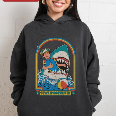 Customer in Chicago, Illinois wearing Stay Positive Hoodie Retro Scuba Diver Shark Graphic Pullover Funny Ocean Humor Gift