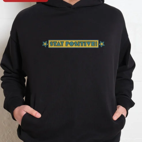 Stay Positive Hoodie Retro Vintage Motivational Pullover for Men Women Unisex on a hanger, ready to ship from Chicago, Illinois