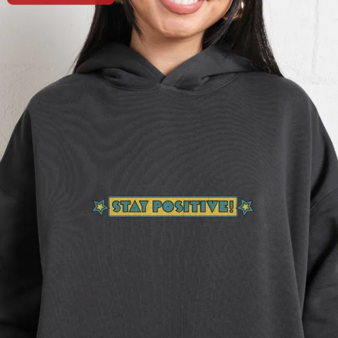 Customer in Chicago, Illinois wearing Stay Positive Hoodie Retro Vintage Motivational Pullover for Men Women Unisex