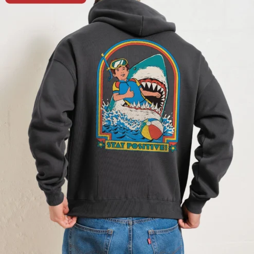 Close-up of Stay Positive Hoodie Retro Vintage Motivational Pullover for Men Women Unisex for streetwear fans in Chicago, Illinois
