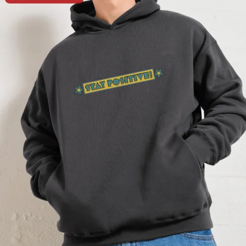 Customer in Chicago, Illinois wearing Stay Positive Hoodie Retro Vintage Motivational Pullover for Men Women Unisex