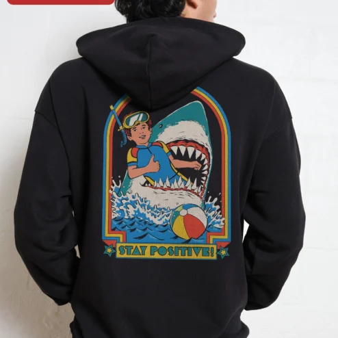 Close-up of Stay Positive Hoodie Retro Vintage Motivational Pullover for Men Women Unisex for streetwear fans in Chicago, Illinois