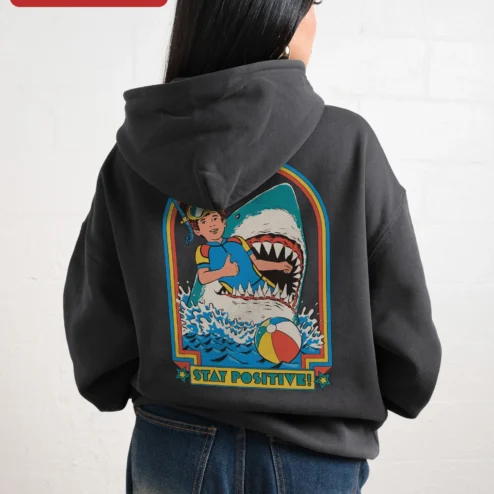 Customer in Chicago, Illinois wearing Stay Positive Hoodie Retro Vintage Motivational Pullover for Men Women Unisex
