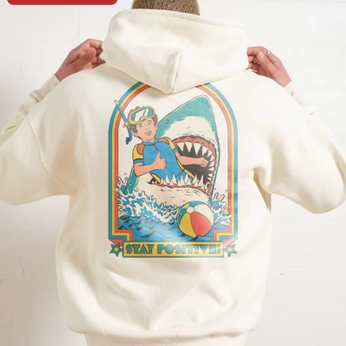 Close-up of Stay Positive Hoodie Retro Vintage Motivational Pullover for Men Women Unisex for streetwear fans in Chicago, Illinois