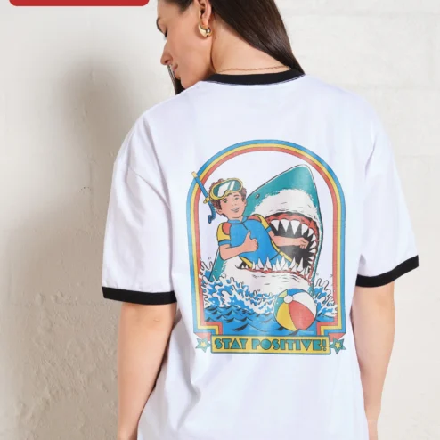Customer in Chicago, Illinois wearing Stay Positive! Retro Pop Art Graphic Tee Motivational Quote Shirt for Women Men