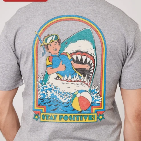 Customer in Chicago, Illinois wearing Stay Positive! Retro Pop Art Graphic Tee Motivational Quote Shirt for Women Men