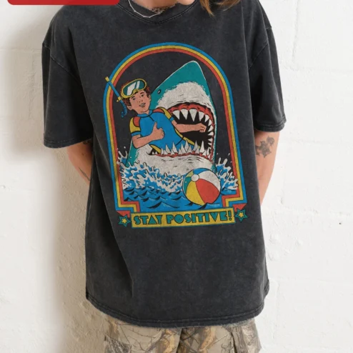 Stay Positive! Retro Scuba Diver Shark Graphic Tee
