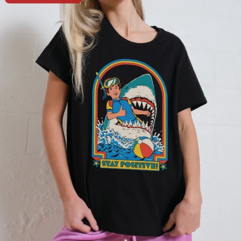 Stay Positive! Retro Shark Surf Graphic Tee