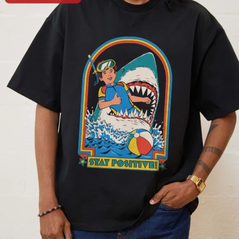 Customer in Chicago, Illinois wearing Stay Positive Scuba Diver Shark Retro Graphic Tee Unisex Oversized Cotton Shirt