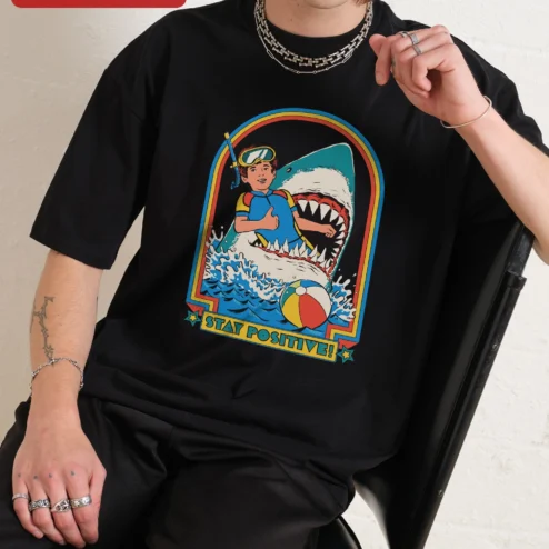 Stay Positive Scuba Diver Shark Retro Graphic Tee Unisex Oversized Cotton Shirt