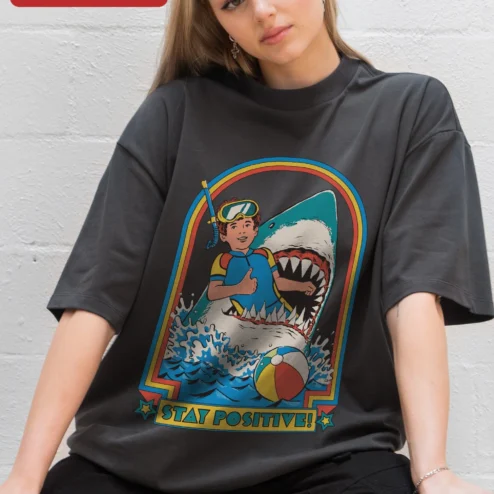Customer in Chicago, Illinois wearing Stay Positive Scuba Diver Shark Retro Graphic Tee Unisex Oversized Cotton Shirt