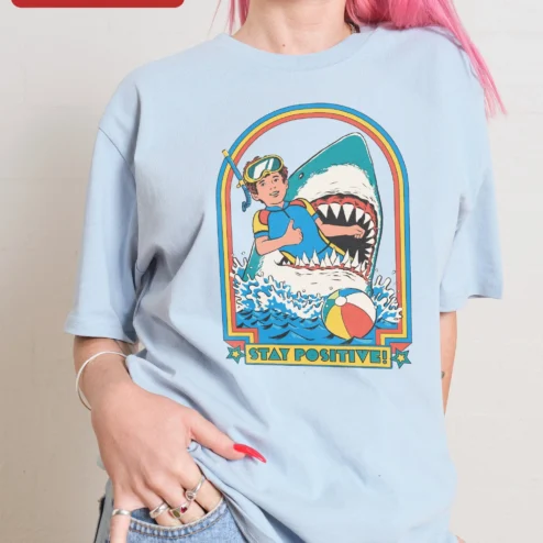 Close-up of Stay Positive Tee Retro Scuba Diver Shark Graphic T-Shirt Funny Motivational Shirt for Men Women for streetwear fans in Chicago, Illinois