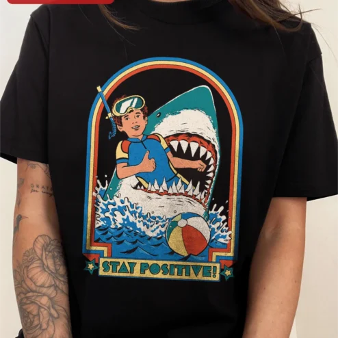 Stay Positive Tee Retro Scuba Diver Shark Graphic T-Shirt Funny Motivational Shirt for Men Women on a hanger, ready to ship from Chicago, Illinois