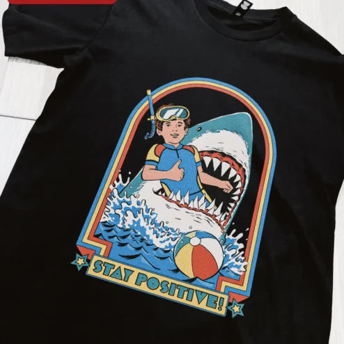 Customer in Chicago, Illinois wearing Stay Positive Tee Retro Scuba Diver Shark Graphic T-Shirt Funny Motivational Shirt for Men Women