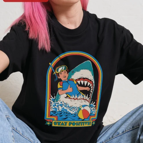 Stay Positive Tee Retro Scuba Diver Shark Graphic T-Shirt Funny Motivational Shirt for Men Women