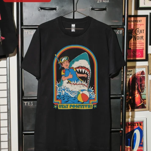 Customer in Chicago, Illinois wearing Stay Positive Tee Retro Scuba Diver Shark Graphic T-Shirt Funny Motivational Shirt for Men Women