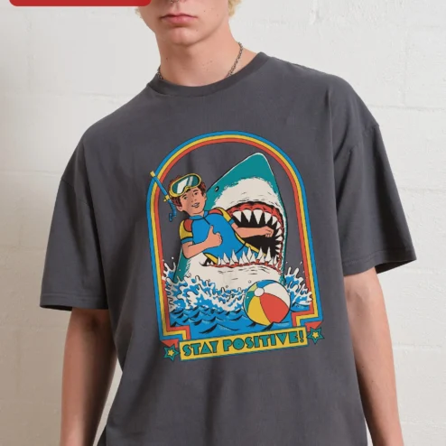 Customer in Chicago, Illinois wearing Stay Positive Tee Retro Scuba Diver Shark Graphic T-Shirt Funny Motivational Shirt for Men Women