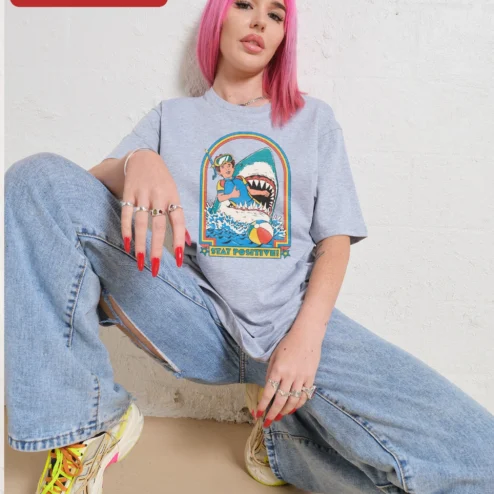 Close-up of Stay Positive Tee Retro Scuba Diver Shark Graphic T-Shirt Funny Motivational Shirt for Men Women for streetwear fans in Chicago, Illinois