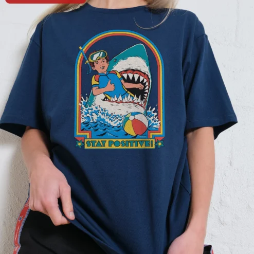 Customer in Chicago, Illinois wearing Stay Positive Tee Retro Scuba Diver Shark Graphic T-Shirt Funny Motivational Shirt for Men Women