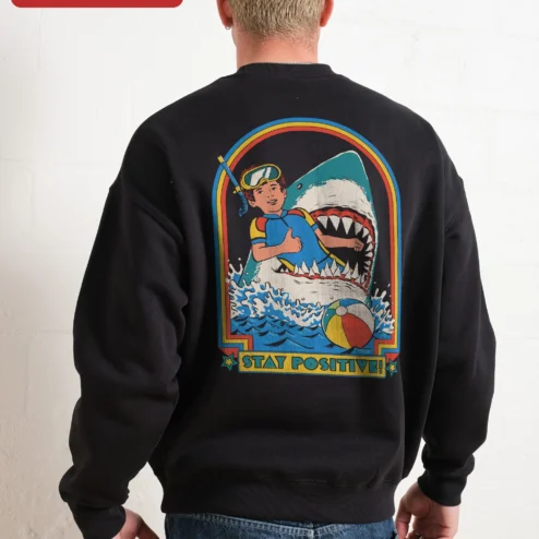 Close-up of Stay Positive! Vintage Retro Typography Crewneck Sweatshirt for Men Women Motivational Gift for streetwear fans in Chicago, Illinois