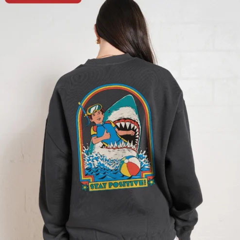Customer in Chicago, Illinois wearing Stay Positive! Vintage Retro Typography Crewneck Sweatshirt for Men Women Motivational Gift