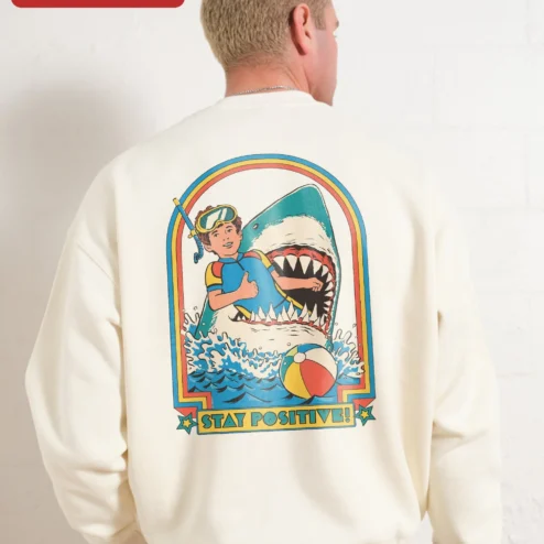 Close-up of Stay Positive! Vintage Retro Typography Crewneck Sweatshirt for Men Women Motivational Gift for streetwear fans in Chicago, Illinois